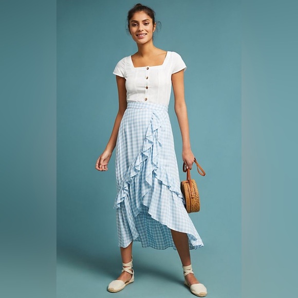 Lost + Wander NWT Size S Blue & White Gingham Boho Coquette Ruffle Midi Skirt - Picture 1 of 9